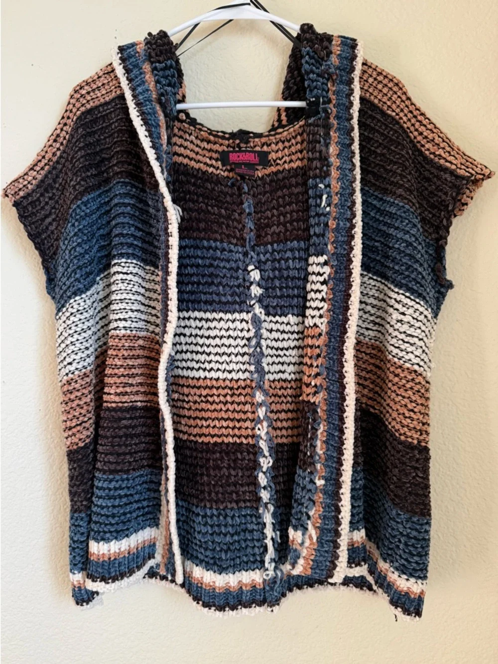 Striped Hooded Knit Poncho in Blue, Brown & Cream